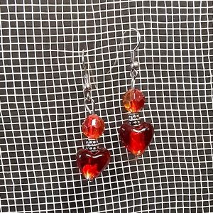 Hearts Boho Beaded Dangle Earrings Shades of Fiery Red & Orange Gypsy Bohemian
